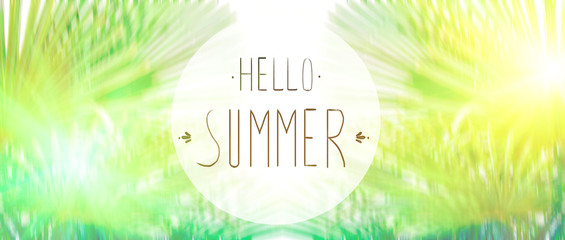 phrase Hello summer on the background of green foliage and sunlight