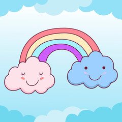 Cute clouds smile face and rainbow in clear blue sky
