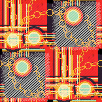 Seamless Pattern Patchwork Design. Chaotic Print With Tartan, Tweed Tiles, Circles And Golden Chains. Watercolor Effect. Suitable For Bed Linen, Leggings, Shorts And Fashion Industry.