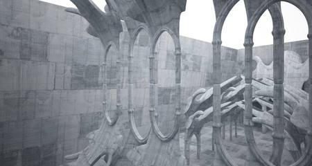 Abstract  concrete gothic interior with neon lighting. 3D illustration and rendering.