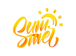 Vector illustration: Handwritten brush stroke yellow acrylic paint lettering composition of Summer with Sun