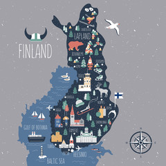 Finland travel cartoon vector map, Finnish landmarks, symbols, animals, flat buildings Lutheran Cathedral of Helsinki, Cathedral of Espoo, temple of Tampere, castles of Turku, Oulu, flat illustration