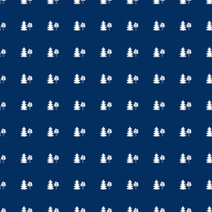 Fototapeta na wymiar Seamless winter pattern pine tree, birch cartoon vector illustration isolated on blue background, forest element, decorative scandinavian texture for minimalist abstract design wallpaper, textile