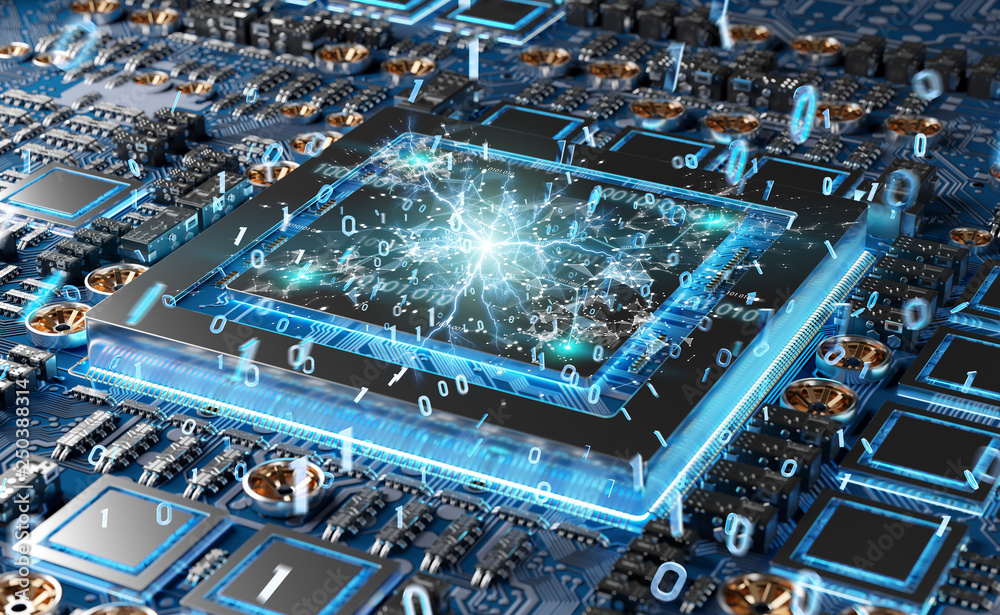 Aufkleber Close-up view of a modern GPU card with connections 3D rendering