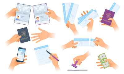 A situations in the airport and customs control zone. A hands holding passport, mobile boarding pass. A man writes customs declaration. Flat vector concept illustrations isolated on white background.