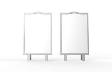 Blank white metallic outdoor advertising stand mockup set on isolated white background, clear street signage board, two sided advertising stand mock up, 3d illustration