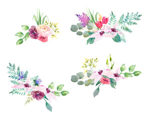 Collection spring Wedding romanric watercolor bouquet. Hand drawing watercolor blue pink and purple flowers ornament