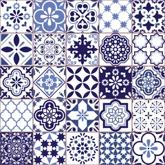 Gordijnen Portugese vector Azulejo tegel naadloze patroon, Lissabon retro oude tegels mozaïek, mediterrane repetitieve marineblauw textiel design © redkoala