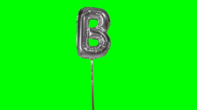 Letter B from alphabet helium silver balloon floating on green screen