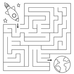 Maze game for children, help the rocket find right path to the earth. Coloring page. Vector illustration.