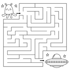 Maze game for children, help the alien find right path to the UFO. Coloring page. Vector illustration.