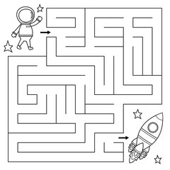 Maze game for kids, help the astronaut find right path to the rocket. Coloring page. Vector illustration. © Kristina
