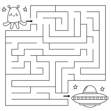 Maze game for children, help the alien find right path to the UFO. Coloring page. Vector illustration.