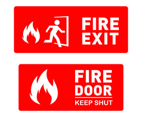 Fire Exit and Fire Door Safety Signs - Editable and Printable Vector Illustration - Pack of Two Building Exit Signs in Red Color