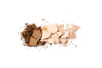 A broken pink gradient colored eye shadows isolated on a white background. Top view, flat lay. Copy space for your text