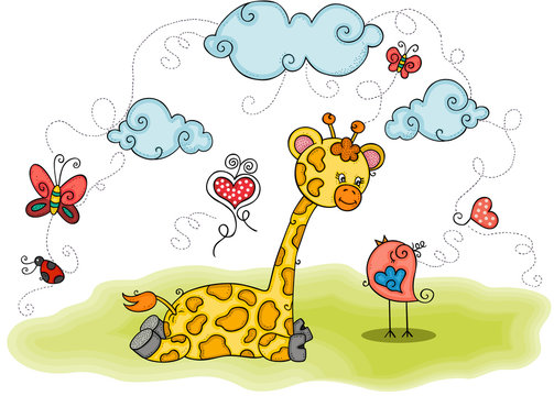 Illustration with giraffe and bird