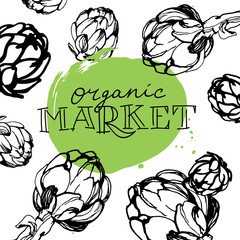 Vegetarian and organic market banner design with Artichokes and lettering