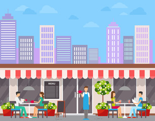 Obraz premium Waiter and visitors, city cafe exterior or facade vector. Wall menu and outdoor tables, couples drinking tea and coffee, skyscrapers at horizon, downtown
