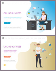 Fototapeta na wymiar Online business, people using laptops and web to perform working activities vector. Businessman interacting with digital world and information data. Website or webpage template landing page in flat