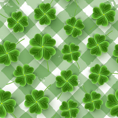 San Patrick's Day pattern of realistic Clover leaves. Green Shamrock grass wallpaper. Joy flower for Irish beer festival. Scottish ornament