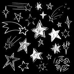 Set of white hand drawn vector stars in doodle style isolated on black background. Could be used as pattern element, cards, childish design