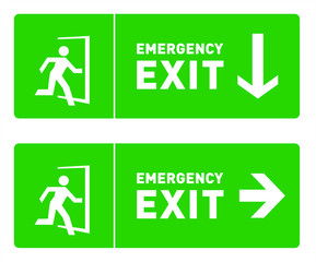 Emergency Exit Sign Template; Green Safety Sign Pack of 2, with Directional Arrows; Printable Vector Illustration; HSE, Health and Safety