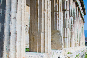 Close up of the columns and the archetecture of the ancient themple of Hephaestus or Hephaisteion in Athens, Greece