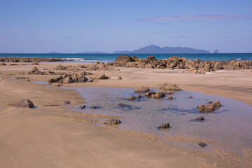 Mangawhai Heads Beach in the afternoon light. Rocks on a yellow sand beach, a small tide pool in the foreground