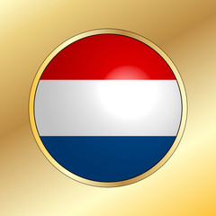 Obraz premium Icon of national flag of Netherlands, round button with metal golden frame and reflection of light. Beautiful gold background. Editable vector EPS 10 illustration.