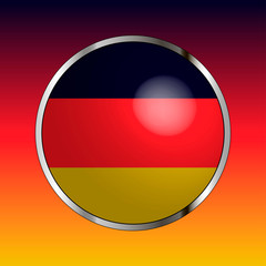 Icon of national flag of Germany, round button with metal silver frame and reflection of light. Beautiful background with flag colors. Editable vector EPS 10 illustration.