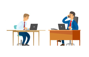 Boss vector, chief executive talking on phone in office. Male sitting by table, employee and employer. Worker with laptop developing project data
