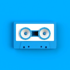 Obraz premium Close up of vintage audio tape cassette with speakers concept illustration on blue background, Top view with copy space, 3d rendering