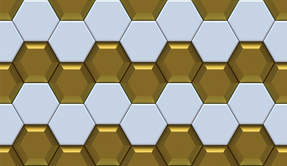 Wall white plastic with gold design hexagon 3d panels. High quality seamless 3d illustration.