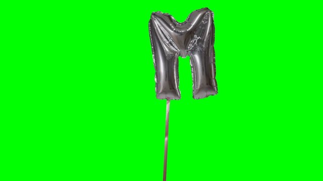 Letter M from alphabet helium silver balloon floating on green screen