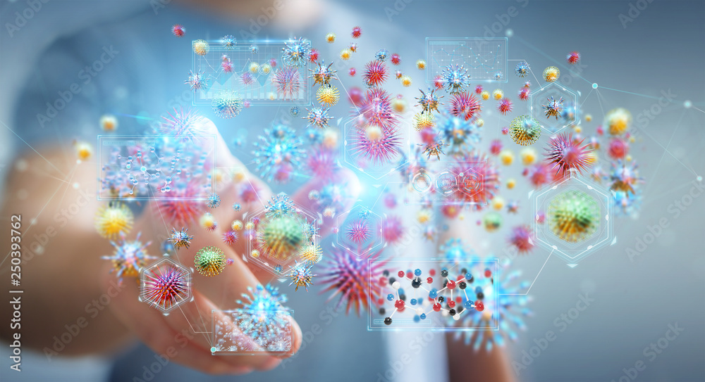Poster businessman analyzing bacteria microscopic close-up 3d rendering