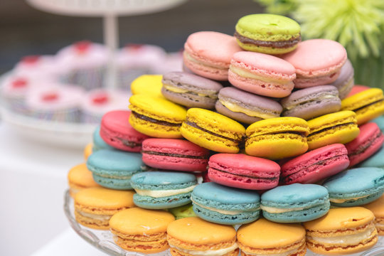 Macaroon Put Together In Pattern On Glass Plate In Party To Let Quest Take Them For Dessert After Meal