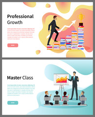 Master class in professional growth online web pages vector. Personal development in career and business training, coach and students, graphic and folders