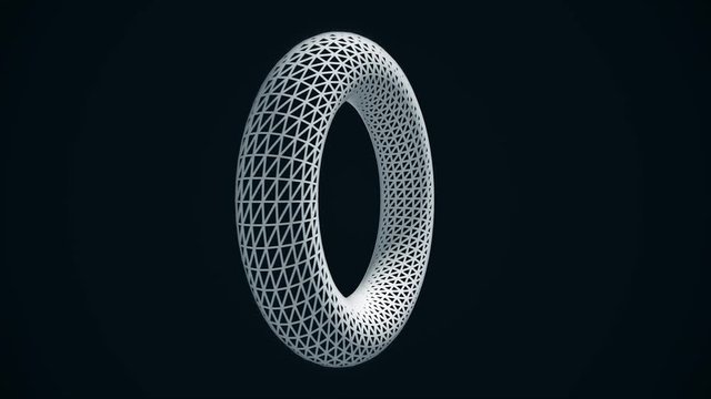Abstract shape, white element in wireframe hologram style rotating on black background with small, white dots. Monochrome volume model of a transparent ring spinning.