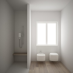 Fototapeta na wymiar Modern minimalist bathroom with parquet oak wood floor and white mosaic tiles, window and walk-in shower, contemporary architecture interior design
