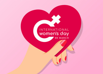 International women day concept with hand's woman hold pink heart banner vector design