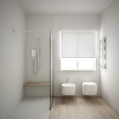 Naklejka na ściany i meble Modern minimalist bathroom with parquet oak wood floor and white mosaic tiles, window and walk-in shower, contemporary architecture interior design