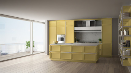 Classic yellow kitchen in modern open space with parquet floor and big panoramic window with balcony on sea landscape, island and accessories, minimalist contemporary interior design