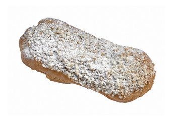Cake Eclair in powdered sugar loaf of bread isolated on white background