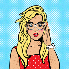 Surprised young woman in hipster glasses. Advertising Pop Art poster or party invitation with sexy club girl with open mouth in comic style. - Illustration