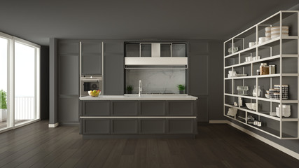 Classic gray kitchen in modern open space with parquet floor and big panoramic window with balcony, island and accessories, minimalist contemporary interior design