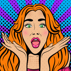 Sexy woman with wide open eyes and mouth and rising hands. Vector background in comic style retro...