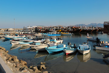 Fototapeta na wymiar Boats in Dibba Al-Baya harbour, Sultanate of Oman
