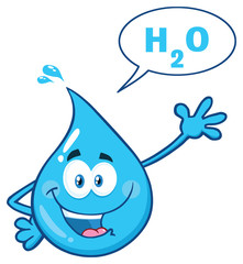 Blue Water Drop Cartoon Character Waving For Greeting. Vector Illustration Isolated On Transparent Background With Speech Bubble And Text