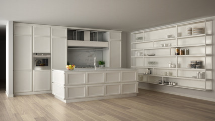 Classic white kitchen in modern open space with parquet floor and big shelving system with decors, island and accessories, minimalist contemporary interior design