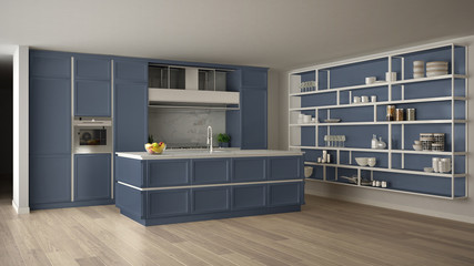 Fototapeta na wymiar Classic blue kitchen in modern open space with parquet floor and big shelving system with decors, island and accessories, minimalist contemporary interior design